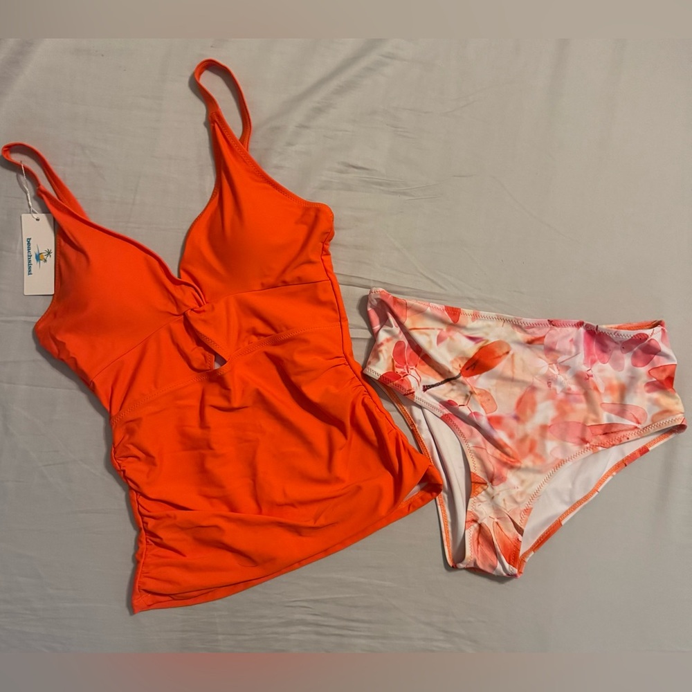 Beachsissi Orange Tankini Top and Floral Bikini Bottom